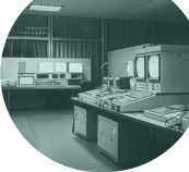 Black and white image of an old fashioned computer room