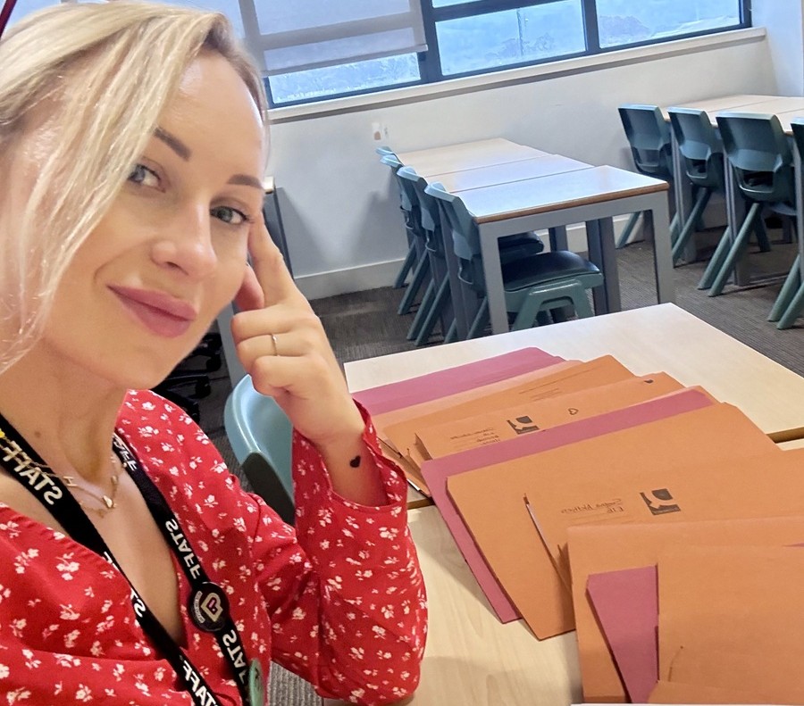 Apprentice teacher Hanna Isaievska sitting at a desk in Keighley College