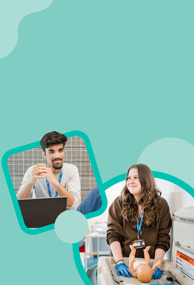 One student sat in front of a laptop and another student learning how to look after a baby - with teal green graphics in the background