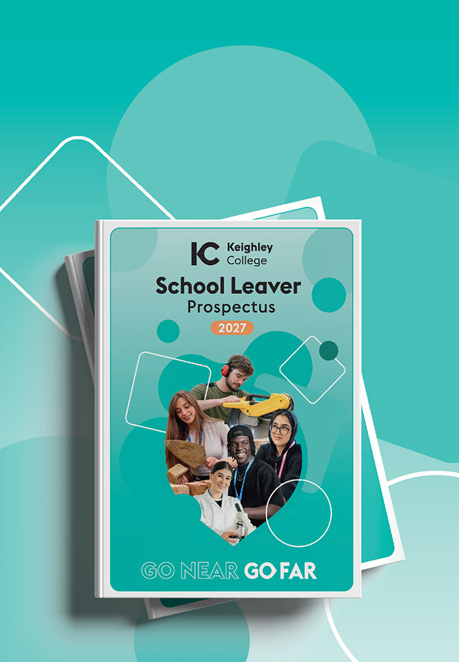 Keighley College Prospectuses over teal gradients and graphics in the background